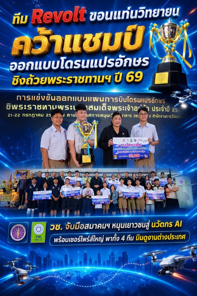 ทีม Revolt ขอนแก่นวิทยายน คว้าแชมป์ออกแบบโดรนแปรอักษร ชิงถ้วยพระราชทานฯ ปี 69 วช. จับมือสมาคมฯ หนุนเยาวชนสู่ นวัตกร AI พร้อมเซอร์ไพร์สใหญ่ พาทั้ง 4 ทีม บินดูงานต่างประเทศ