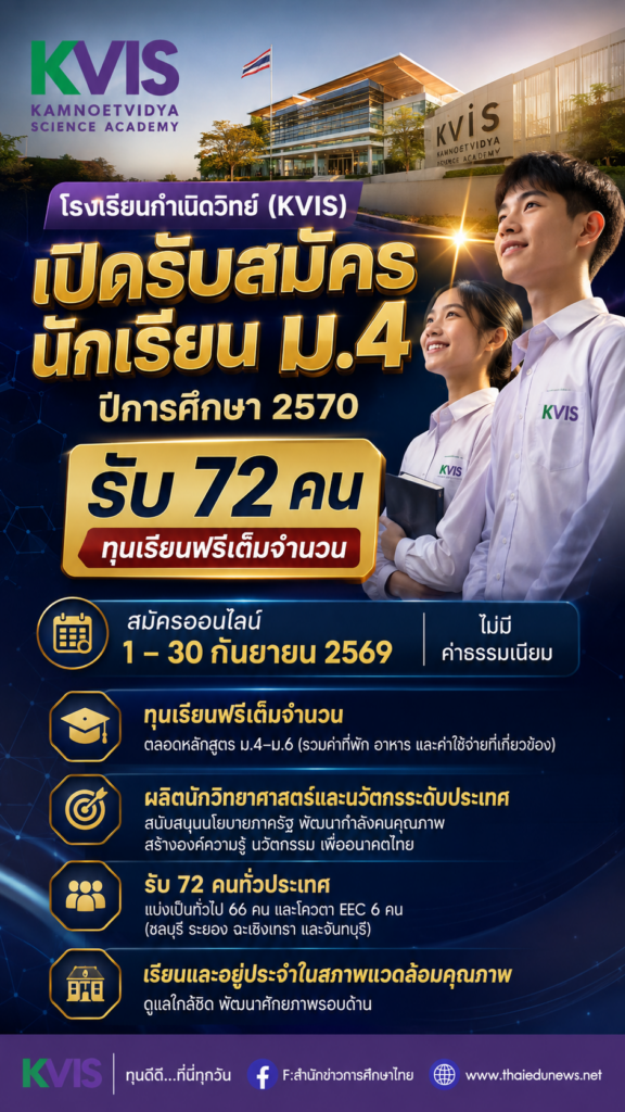 โรงเรียนกำเนิดวิทย์ (KVIS) เปิดรับสมัครนักเรียนชั้น ม.4 ปีการศึกษา 2570 รับ 72 คน ทุนเรียนฟรีเต็มจำนวน