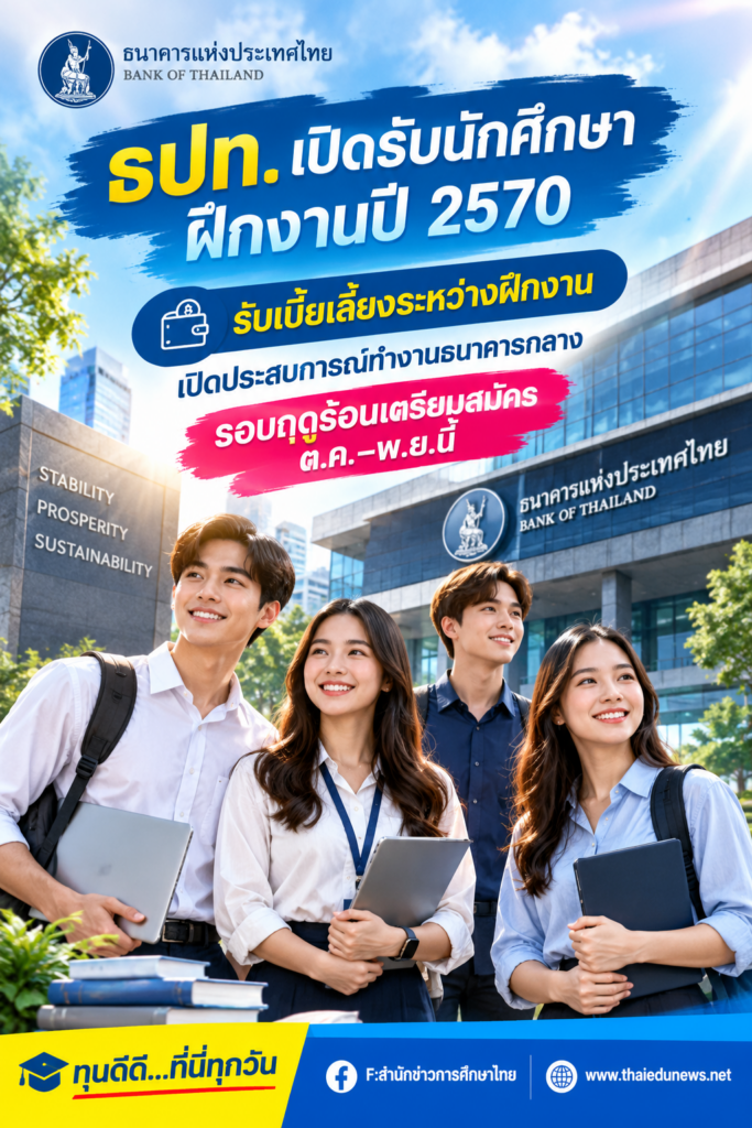 ธปท.เตรียมเปิดรับนักศึกษาฝึกงานปี 2570 รับเบี้ยเลี้ยงระหว่างฝึกงาน